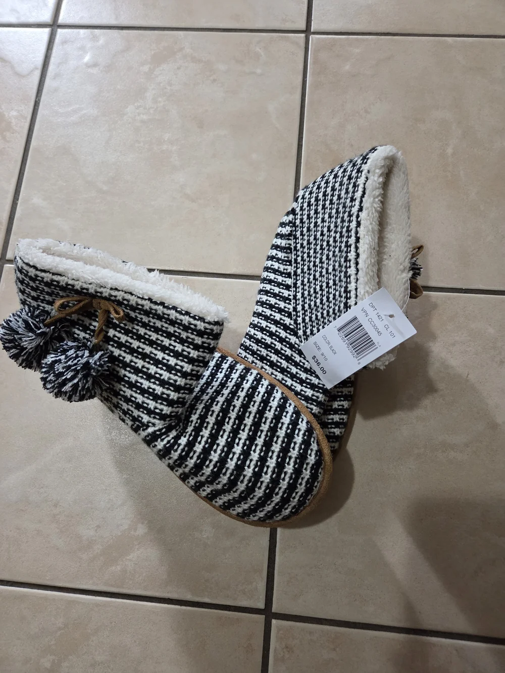Cozy Knit Pom-Pom Ankle Booties - Black & White